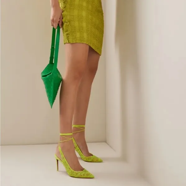 Christian Louboutin Kate 85mm Lace Wraparound Neon Fluo Yellow Pumps EU 38 - Image 11