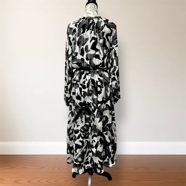 White House | Black Market Black White Chiffon Midi Dress Belted Sheer Sleeve Autumn Wedding Guest - Image 5