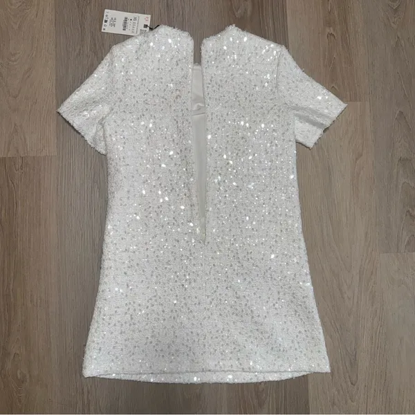 Zara White & Silver Sequin Tweed Short Sleeve Mini Dress - Size XS - Image 3