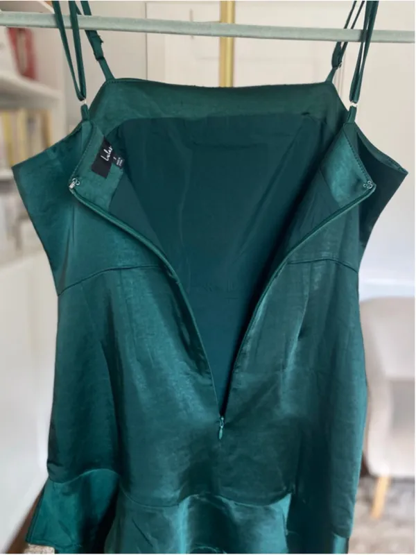 Lulus Emerald Satin Mini Dress Slip Ruffle Hem Elegant Wedding Guest Quiet Luxe‎ - Image 4