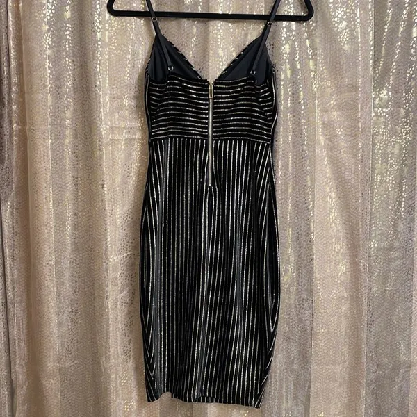 Windsor black velvet and gold glitter pinstripe pencil dress, size S - Image 5