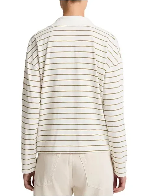 Vince Easy Polo Striped Cotton Long Sleeve Women’s Top Olive Stone - Image 8