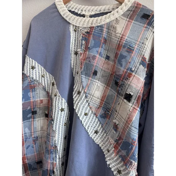 POL Anthropologie Plaid Blue Patchwork Stars Women's Size Large - Image 4