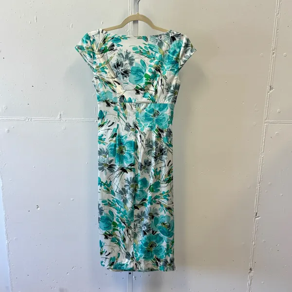 London Times Teal Green‎ Floral Ruched Sheath Satin Midi Dress Size 4 Cap Sleeve - Image 2