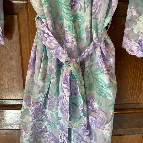 Vtg LA Intimates Robe Large Purple Green Floral Sheer Kimono Cottagecore 80s 90s - Image 8