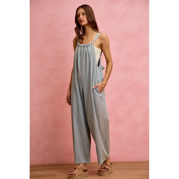 SO ME Wide Leg Lightweight Denim Overalls - Light Denim - Medium - Image 4