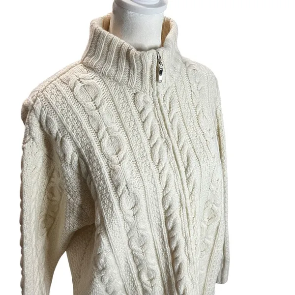 Inis Crafts Ireland Merino Wool Fisherman Cable Knit Zip Sweater Cream Small - Image 3