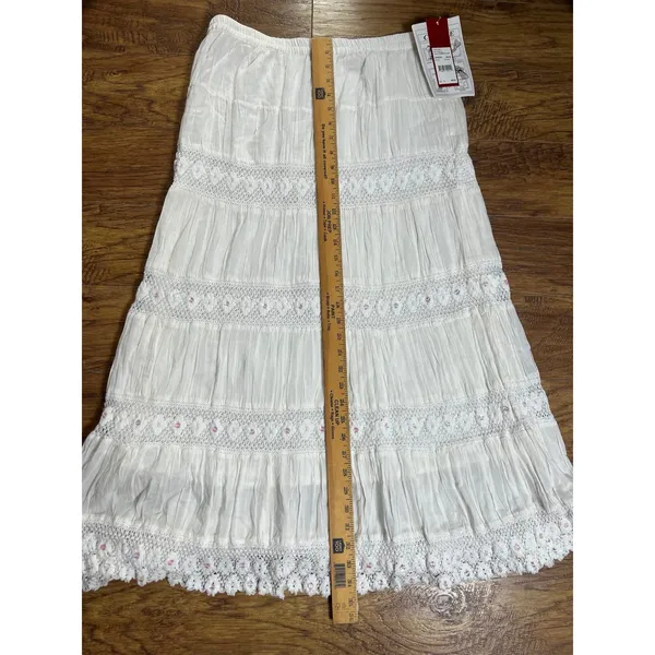 White Tiered Maxi Skirt Smocked Waist Boho Fairy Whimsy size L 100% Cotton New - Image 5