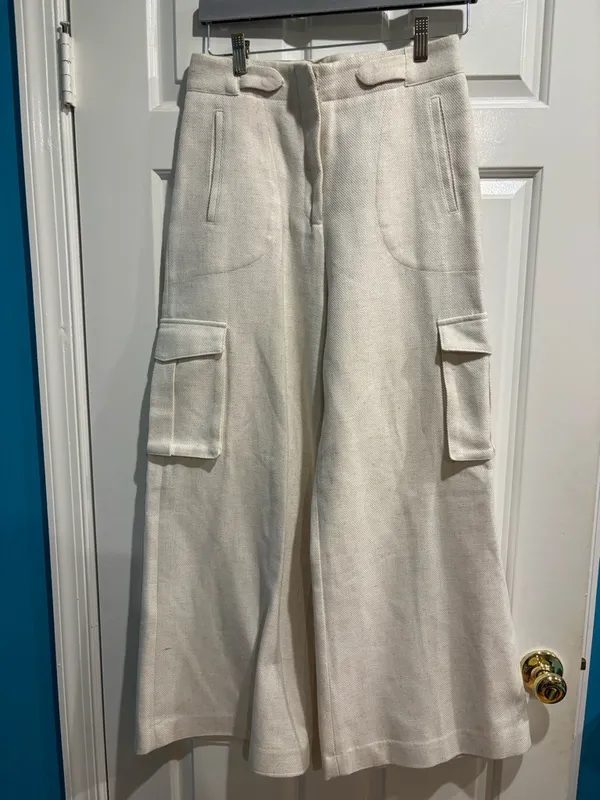 Torn by Ronny Kobo night waist wide leg cream pants cargo sz 6- 8 - Image 2