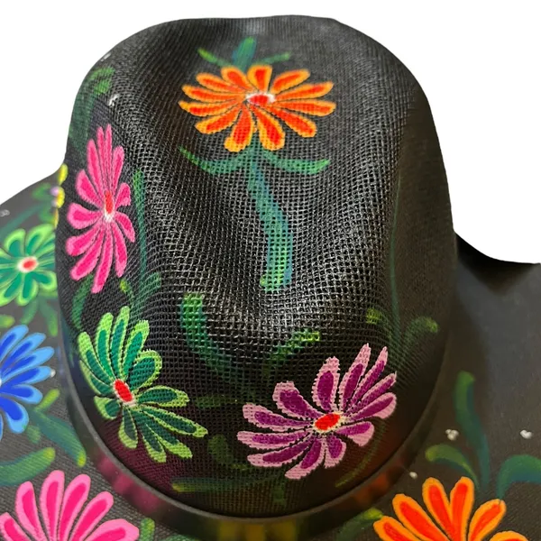 HAT MEXICAN Artisanal Hand Painted Fedora Floral Sombrero Panama Bohemian Black - Image 8