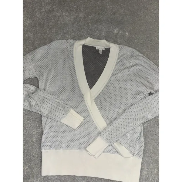 Garnet Hill White Tendu Surplice Neckline Pima Cotton Wrap Front Sweater size S - Image 2