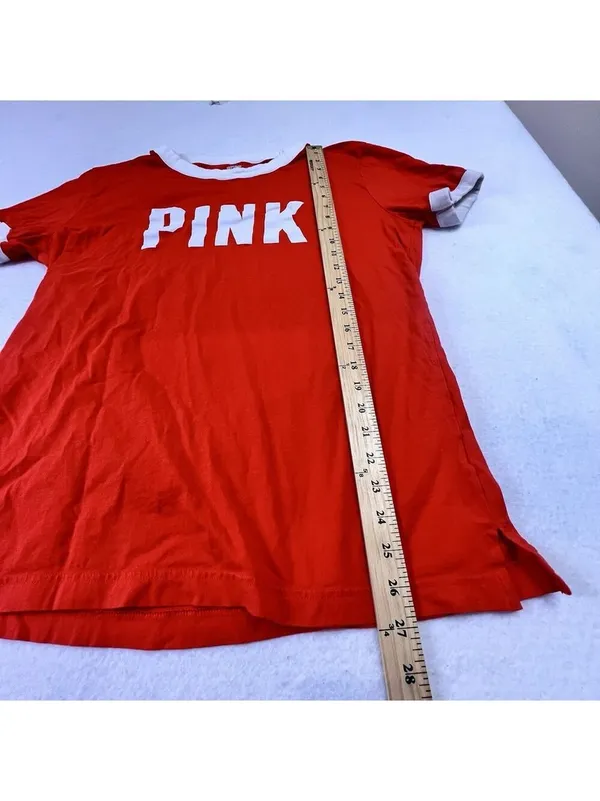PINK Victoria's Secret Short Sleeve T-Shirt Medium Campus Ringer Crew Orange - Image 9