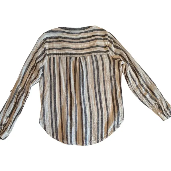 Milano Womens Linen Blend Striped Button Down Shirt Neutral Long Sleeve Size M - Image 8