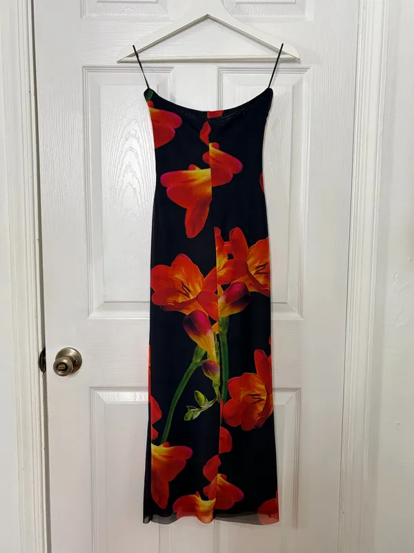 Zara Floral Strapless Bodycon Midi Dress Black Red Orange Summer Date Night S - Image 3