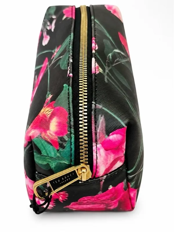 Ted Baker London Black Floral Makeup Pouch with Vibrant Pink Blooms - Image 2