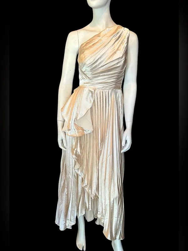 Elegant One Shoulder Pleated Asymmetrical Hemline Champagne 6 NWOT - Image 2