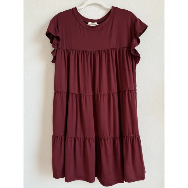 Entro Women’s‎ Tiered Merlot Babydoll Ruffle Short Sleeve Mini Dress Size Small - Image 6