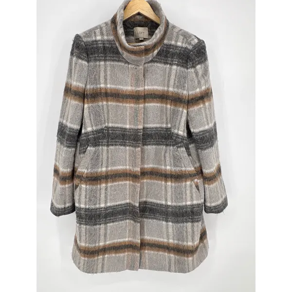 LOFT Womens Large Plaid Wool Blend Coat Stand Collar Full Zip Jacket Gray Brown - Image 2