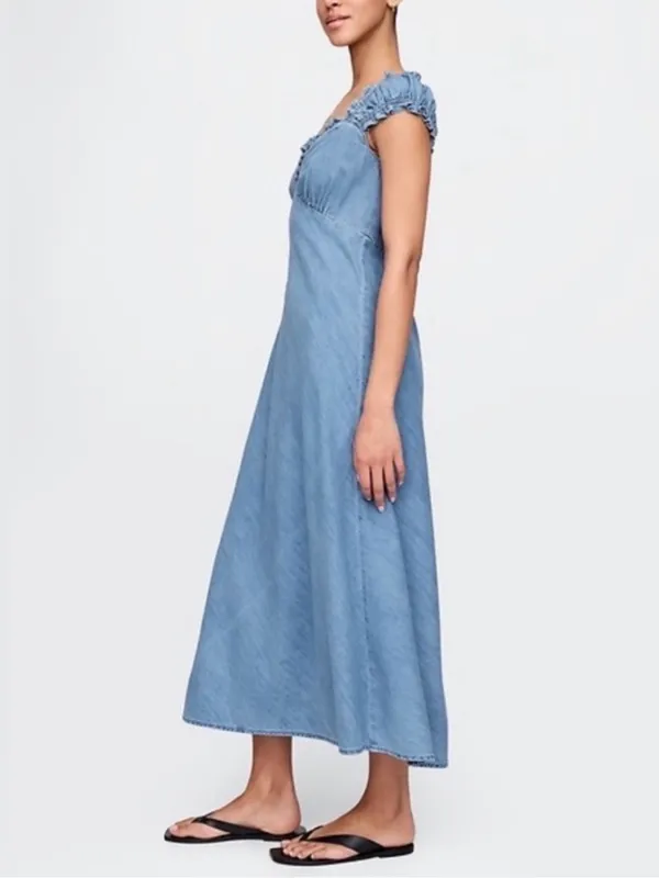 NWT GAP Eaton Denim Maxi Dress Size XL Light Wash Cotton Ruffle Cottagecore Boho - Image 4