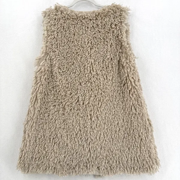 Anthropologie Hazel Long Shaggy Vest L Beige Snap Close Pockets Boho Lagenlook - Image 2