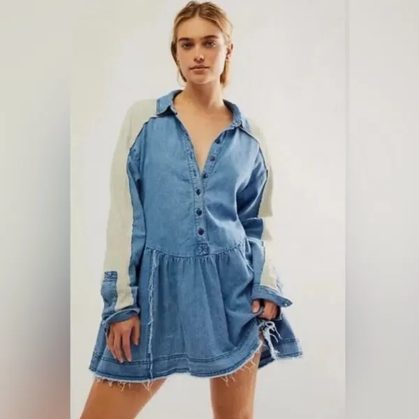 FREE PEOPLE Kenny Denim Mini Dress Tunic Waffle Raw Hem Boho Babydoll Size S - Image 3