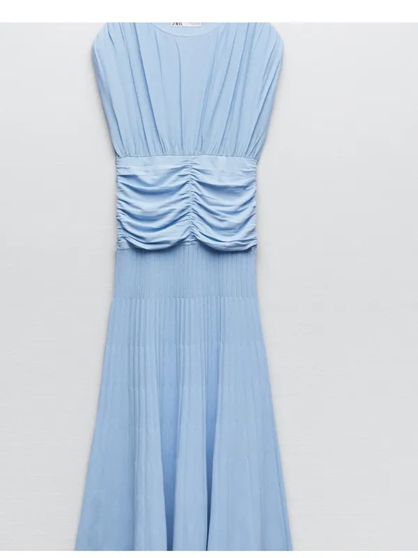 Zara ruched pleated knit Light Blue Midi Dress, stretchy - Image 7