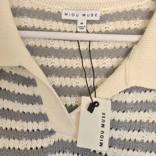 Miou Muse Striped Open Knit Midi‎ Dress Collared Blue/White Size M NEW Nautical - Image 4