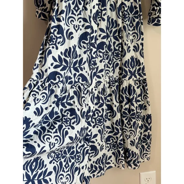 Zara Shirt Dress‎ Midi Dress Size XS White Blue Floral Cotton - Image 6