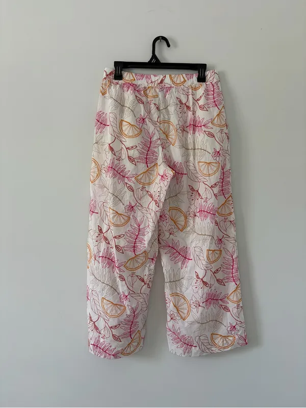 C&C California White Pink Orange Floral Embroidered Cotton Wide Leg Boho Pants M - Image 2