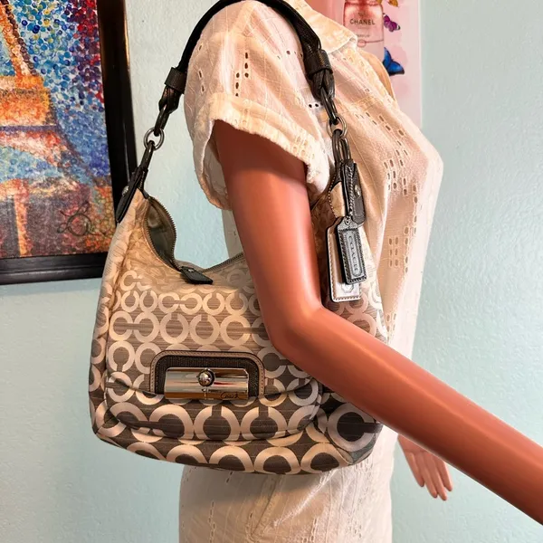 Coach Kristen Shoulder Bag Op Art Ombre Gray Fabric and Leather Purse 16793 - Image 10