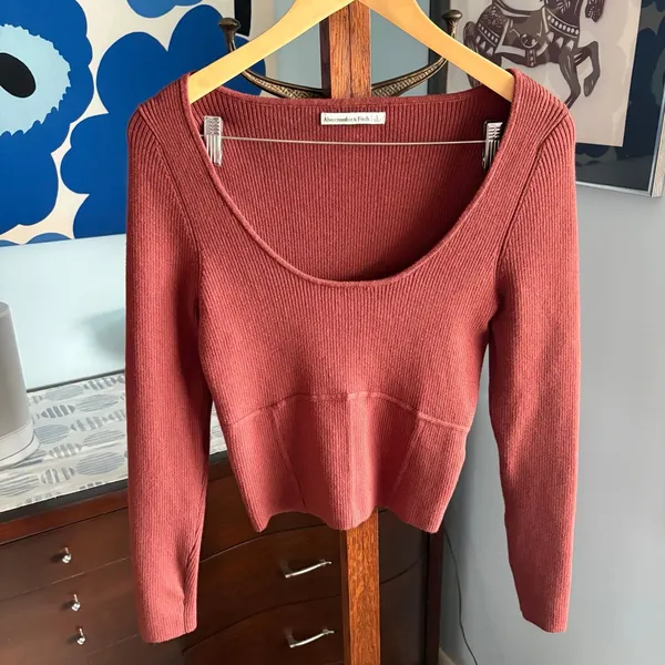 Abercrombie & Fitch Ribbed Corset Scoopneck Sweater Rust Brown Size L - Image 3