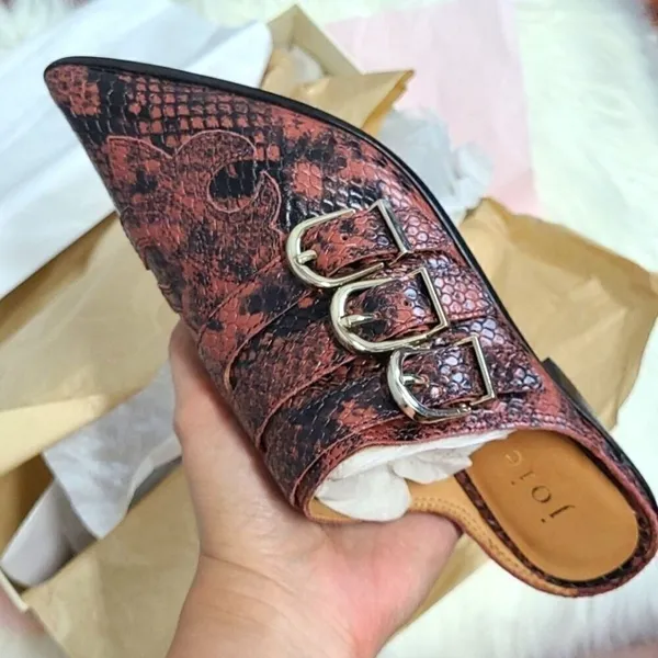 Joie Cabery Rouge Snake Embossed Leather Triple Buckle Mules Pointed Toe 35.5 - Image 4