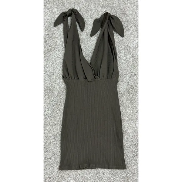 Free People FP Beach Rodeo Ribbed Wrap Mini Dress Bodycon Olive Green Size M - Image 5