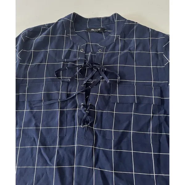 Madewell Silk Lace-up Shirt Blouse Windowpane Plaid Navy White Size Small - Image 4