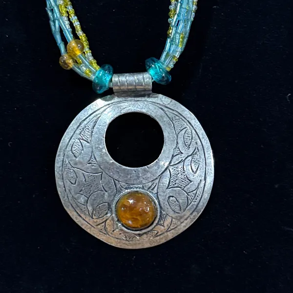 Vintage Blue, Amber, and Yellow seed bead 6 strand medallion southwest necklace - Image 2