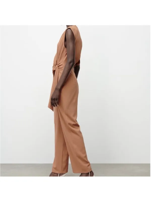 Zara Sleeveless V-Neck Jumpsuit with Side Knot in Camel Brown - Image 4