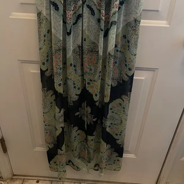 Lily Rose Teal Navy Paisley Cold Shoulder Maxi‎ Dress Ruffle V-Neck Boho Medium - Image 5