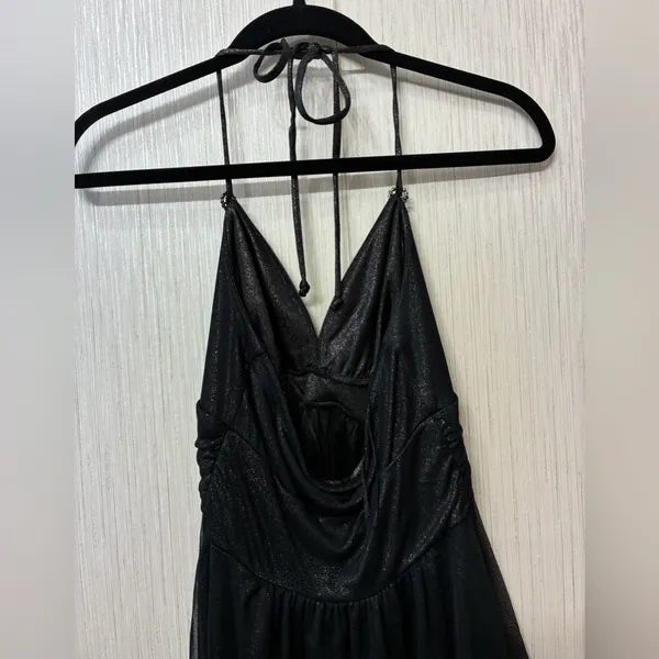 Express XS Black Metallic Sparkle Halter Mini Ruched Bodycon Tulle LBD Party Y2K - Image 6