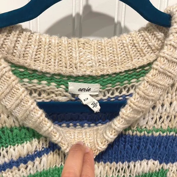 Aerie Wavy Stripe Sweater Womens S Green Blue Cream Chunky Knit Wool Blend Boho - Image 4