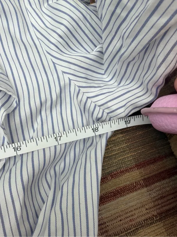 BCBGMaxAzria Blue and White Striped Ruffle Button-Front Blouse - Image 5