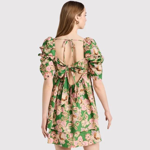 Misa Dress Green Kate Mini Ruched Puffed Floral Pintuck Tie Back A Line Boho XS - Image 3