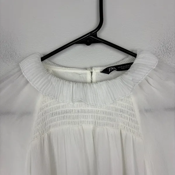 Zara White Smocked Neck‎ Long Sleeve Blouse Cottagecore Coquette Size XS - Image 3
