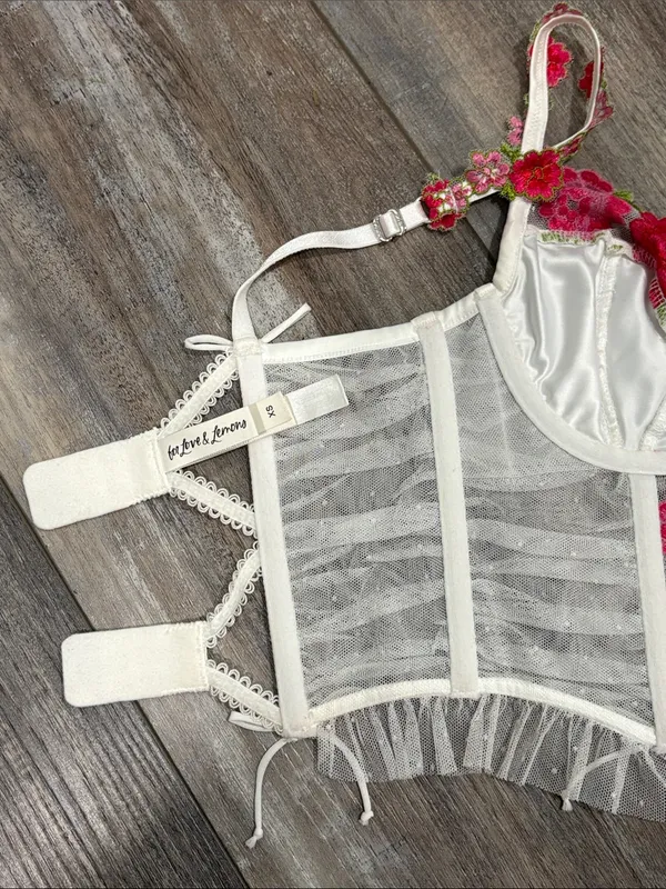 For Love and Lemons white embroidered rose bra corset bustier crop top XS - Image 6