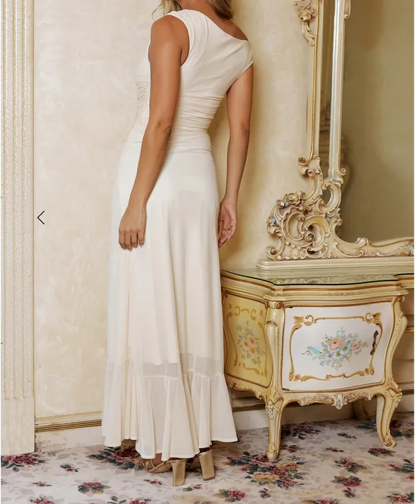 Dazzling Dreams Off Shoulder Mesh Maxi Dress Cream - Image 3