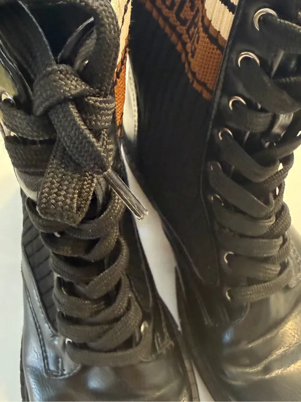 BCBG Black Knit-Shaft Combat Boots with Brown and Cream Trim Womens 6.5 - Image 11