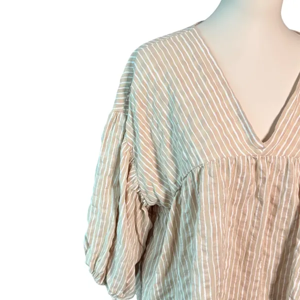 Wishlist Tan White Striped V-Neck Balloon Sleeve Babydoll Blouse Large - Image 3