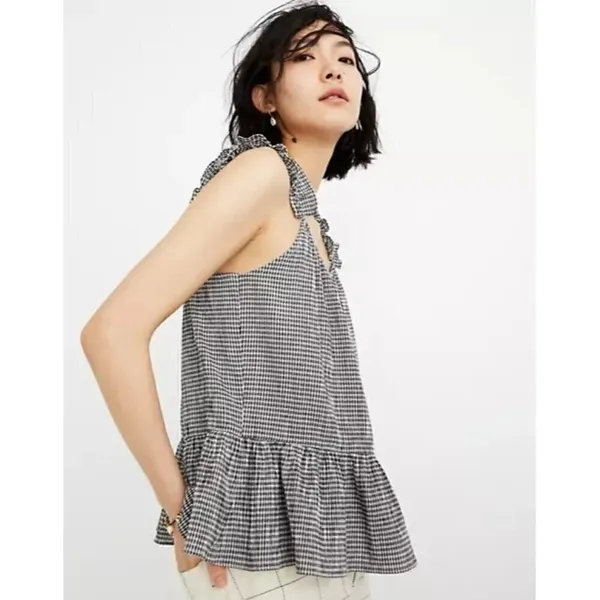 Madewell Ruffle Strap Cami‎ Black & White Gingham Plaid Tank Top 4 - Image 3