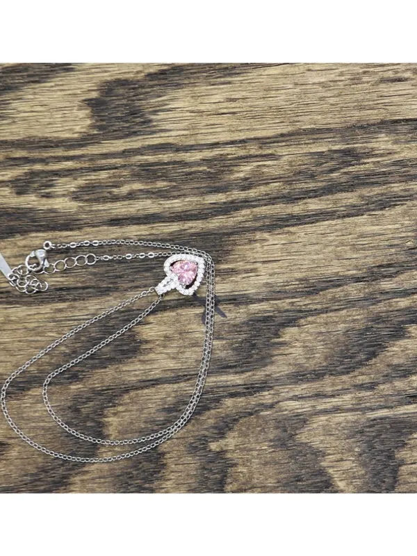 NEW Necklace with Crystal on Steel Chain Silver Gray / Pink 15.5" + 2" - Image 2