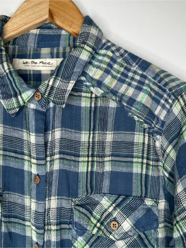 Free People We The Free First Bloom Plaid Tie Front Crop Shirt Blue Size Large - Image 3