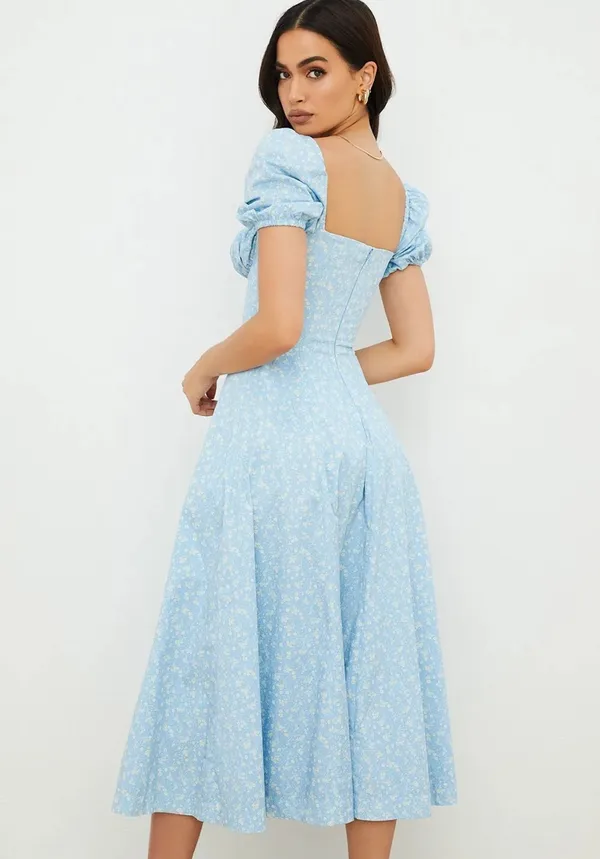 House Of CB 'Tallulah' Blue Ivory Floral Puff Sleeve Midi Dress. Size Small - Image 10